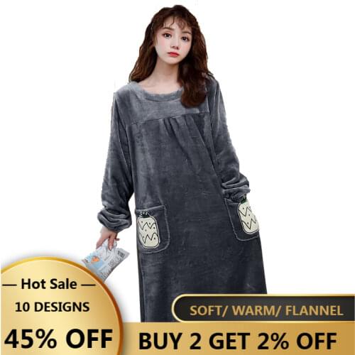 New Sleep Wear Long Sleeve Nightgown Loose Size Korean Nightwear Winter Sleep Dress Flannel Cute Pineapple Ruffle Hem Woman Gown