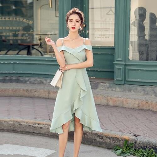 New arrival fashion ruffles mermaid dress women elegant chiffon summer spaghetti strap sexy temperament asymmetrical dress