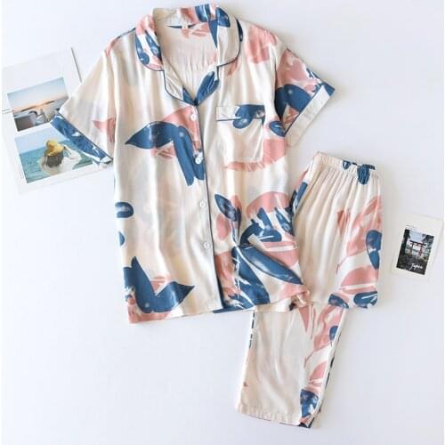 2021 Lapel Rayon Pajamas Womens Spring Summer Home Suit Short-sleeved Trousers Cardigan Sleep Wear Pijamas De Verano Mujer