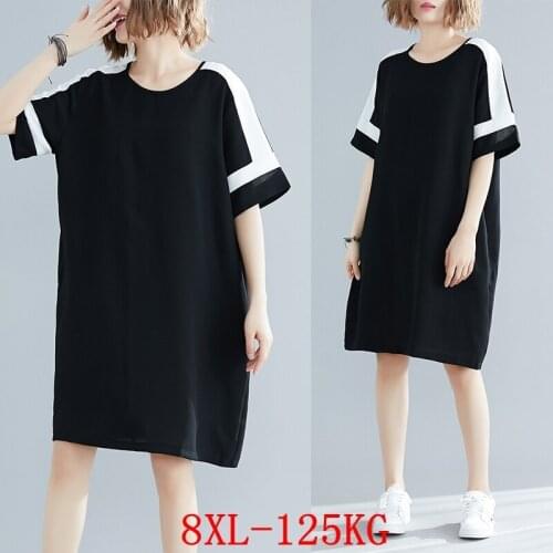 Large size womens dress black and white stitching plus size 5XL 6XL 7XL 8XL summer round neck short sleeve loose robes