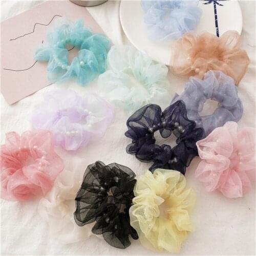 Ruoshui New Yarn Pearl Hair Ties Woman Solid Scrunchies Elastic Hairband Girls Rubber Band Hair Rope Headwear Hair Band Tiara