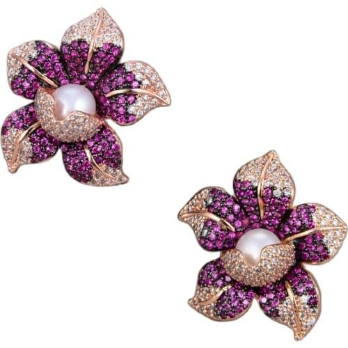 GG Jewelry Cubic Zirconia micro Pave Pearl Earrings White freshwater Pearl Rose Gold Color Plated Cz Flower Stud Earrings