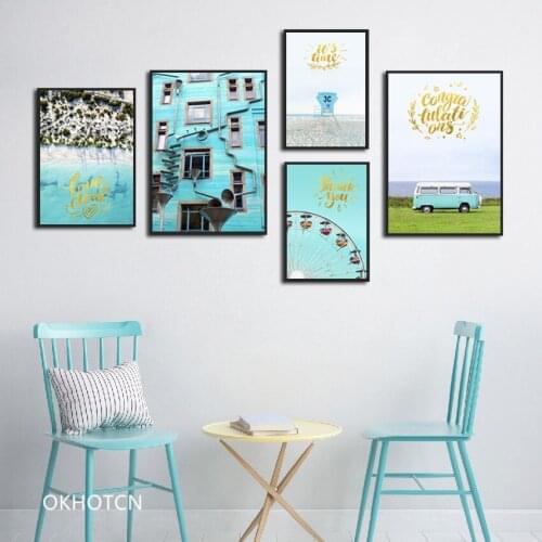 Nordic Blue Light Luxury Landscape Combination Decorative Painting Gallery Modern Simple English Alphabet Picture Wall Art Home