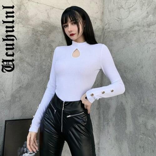 Ucuhulnl Goth Black Gothic Clothes Womens T-shirts Harajuku Sexy Hollow Out Womens Top O-neck Long Sleeve T-shirts Streetwear