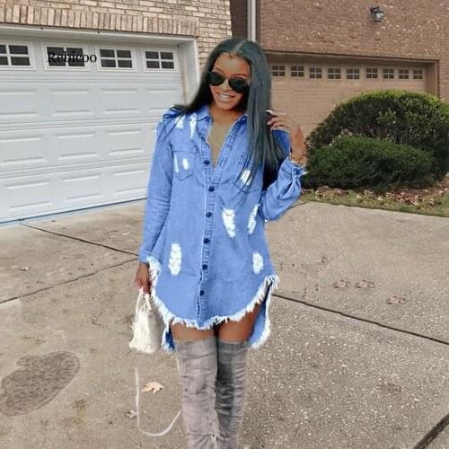 Spring Casual Women Tassel Ripped Jeans Mini Dress Long Sleeve Button Shirt Dresses Loose Denim Tops Vestidos