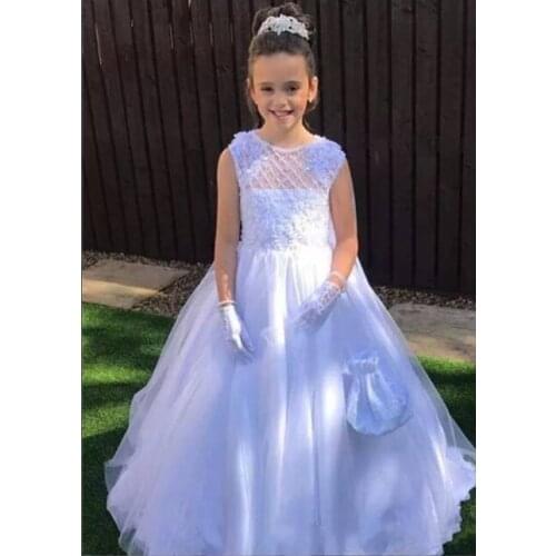 High Quality Customized Sleeveless Flower Girls Dresses Princess Ball Gowns White Ivory Lace Beading