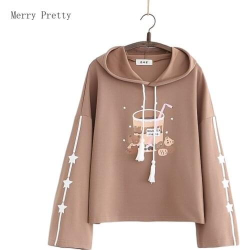 Cartoon Print Casual Hoodies Cotton Sweatshirt Women 2021 Summer Sweet Style Female Long Sleeve Basic Hooded Pullover Top
