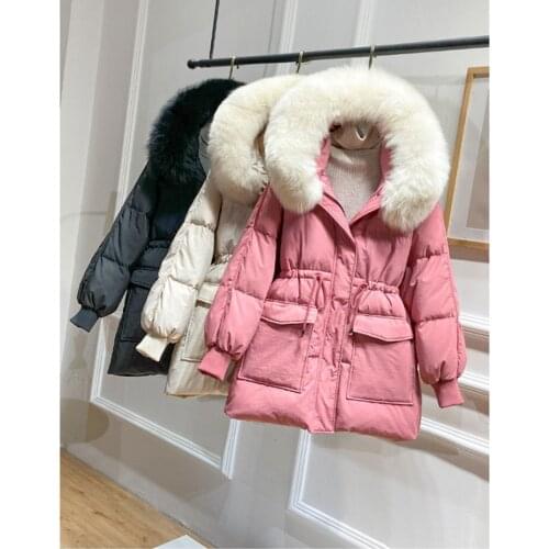 2021 Winter Women Down Parkas Big Real Fox Fur 90% White Duck Down Coat Female Hooded Warm Loose Snow Jacket Adjustable Waist