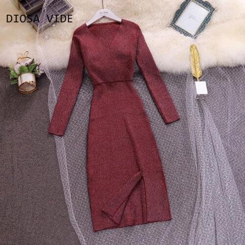 Celebrity temperament V-neck long-sleeved wild Slim mid-length split knit dress female 2020 spring new style