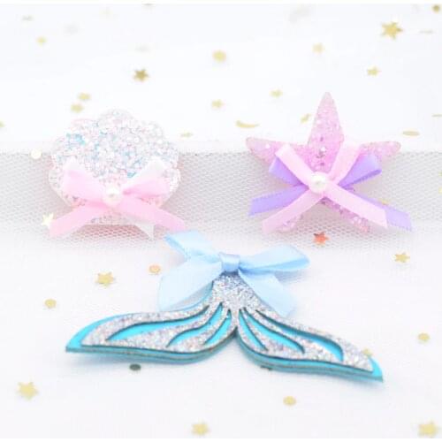 10Pcs Glitter Padded Patches Shell Starfish Mermaid Tail with Satin Tie Applique for DIY Headwear Hair Clips Bow Accessories H62