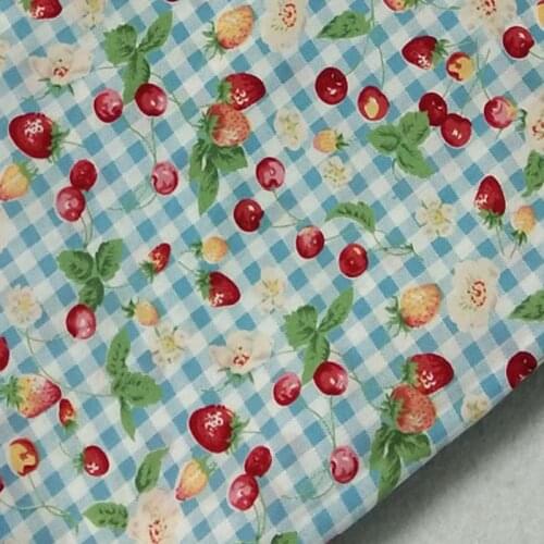 100% Plain Cotton Poplin Blue Checks Strawberry Cherry Flower Printed Cotton Poplin Fabric 50x140cm Check Fabric Patchwork