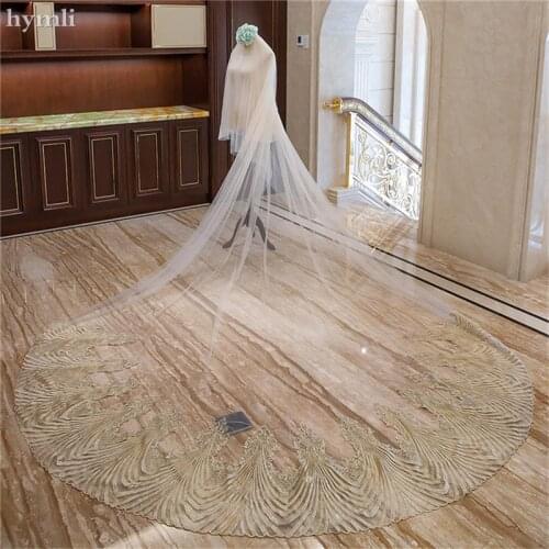 3.5m Elements of Vintage Wedding Veil Golden Lace with Sequins Bridal Veil Blusher 2 Layer Church