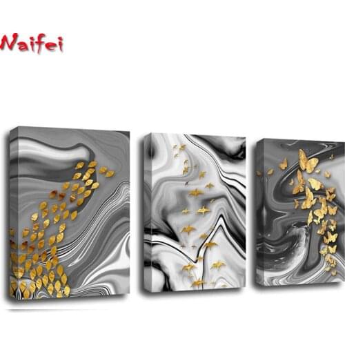 3 pieces 5D Diamond Painting abstract landscape,Golden butterfly,fish,bird Diamond Mosaic Full Square round Diamond Embroidery