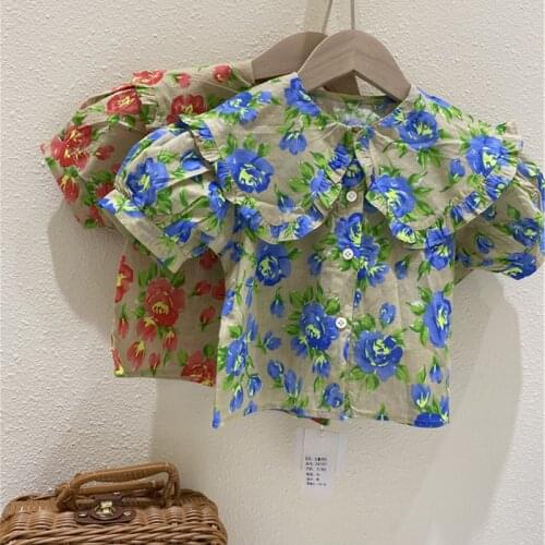 Girls Cute Blouses Korean Fashion Children Flowers Print Shirts Puff Sleeve Kids Girl Summer Single-breasted Tops Clothing