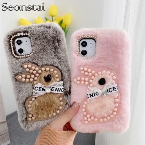Seonstai 3D rabbit pearl Phone Case For Samsung galaxy Note20 plus Rabbit Fur Cover for A30 A50 A70 A10 A20 A40 A70 Soft funda