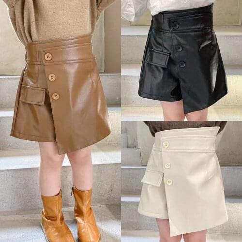 Short Skirts 2021 Autumn and Winter New Girls Korean Leather Skirts Small and Medium-sized Childrens Western Style Skirts