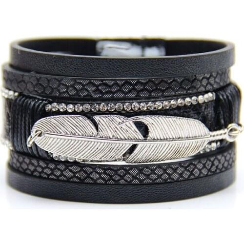 Zig Alloy Feather Leaves Wide Magnetic Leather bracelets & bangles Multilayer Bracelets Jewelry for Women Men Gift