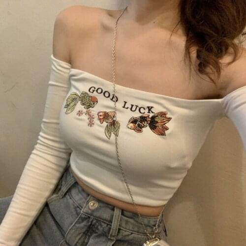 Women Fashion Embroidery Crop Top Tee Shirts Female Long Sleeve Casual Tshirt Sexy Off Shoulder Slash Neck T-Shirt 2020 Summer