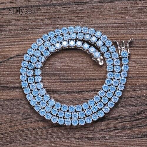 Brass 16/18/20 Inch Tennis Necklace Choker Chain Pave Bling 4 mm LT Aquamarine Blue Zircon Hip Hop Rock Jewelry For Women