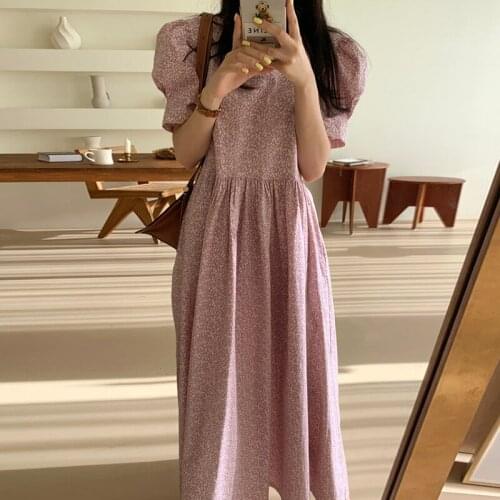 Summer Women Dress 2021 Elegant Floral Maxi Dresses Vintage A-line Korean Chic Bubble Sleeve Short Sleeve Dresses Vestidos 15198