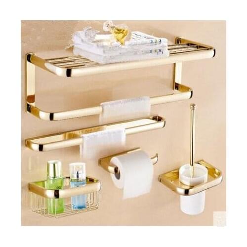 Brass Bathroom Accessories Set, Gold Square Paper Holder,Towel Bar,Soap basket,Towel Rack,Glass Shelf bathroom Hardware set