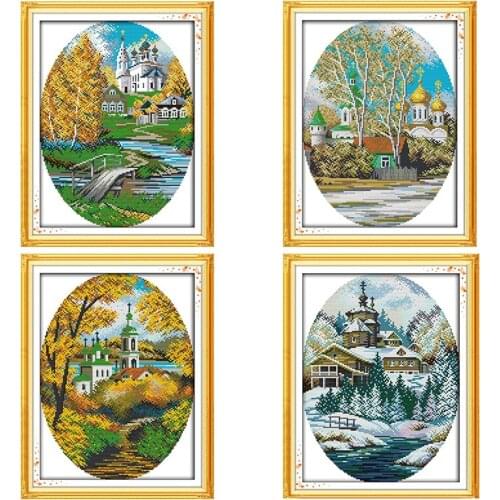 Cross Stitch Kits Four Seasons In Coast Stamped DMC 11CT 14CT Counted Printing Embroidery Craft Kits Embroidery Needlework Sets