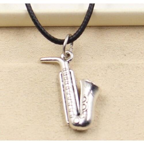 New Fashion Tibetan Silver Color Horn Saxophone Pendant Necklace Choker Charm Black Leather Cord Factory Price Handmade Jewelry
