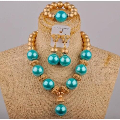 New African Bride Ladies Fashion Wedding Bead Jewelry Nigerian Bride Wedding Lake blue Glass Pearl Jewelry Set SH-57