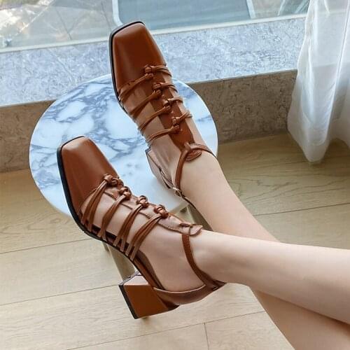 New Women Sandals Genuine Leather Square head Strange Heel Women Shoes Sexy Fashion Party Shoes Women Party Footwear Size 33-41