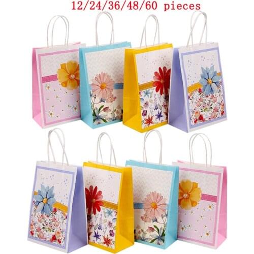 New Baby Carriage Kraft Paper Gift Bag Baby Shower Paper Bag with Handle for Shopping Event Party Favors Flower Print Candy Bag