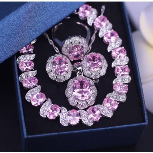 Princess pink Geometric Silver Color Jewelry Set For Women Earring Ring Necklace Pendant Romantic Bohemian Summer Style