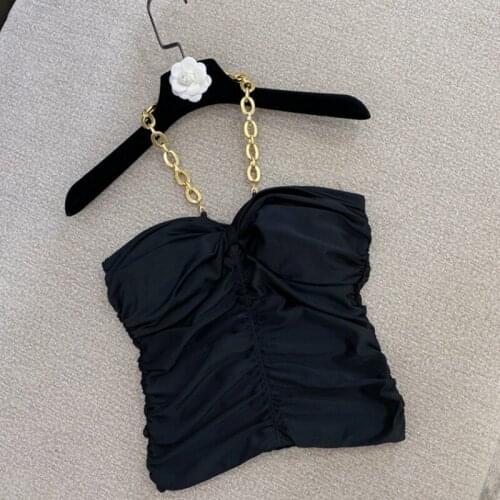 Sexy Tank Tops Women New Pleated Slim-Fit Gold Halter Tube Top Lady Small Short Camisoles Black Female Lady