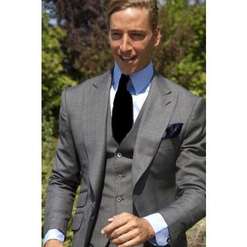 Hot Sale One Button Gray Groom Tuxedos Peak Lapel Groomsmen Mens Wedding Prom Suits (Jacket+Pants+Vest+Tie) NO:115