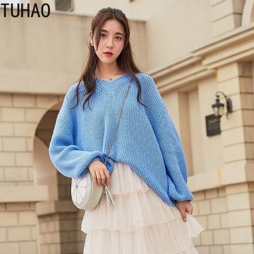 Loose Mohair Sweater Long Sleeve V-neck Casual Pullover Tops Woman Clothes Blue Pull Femme T8082