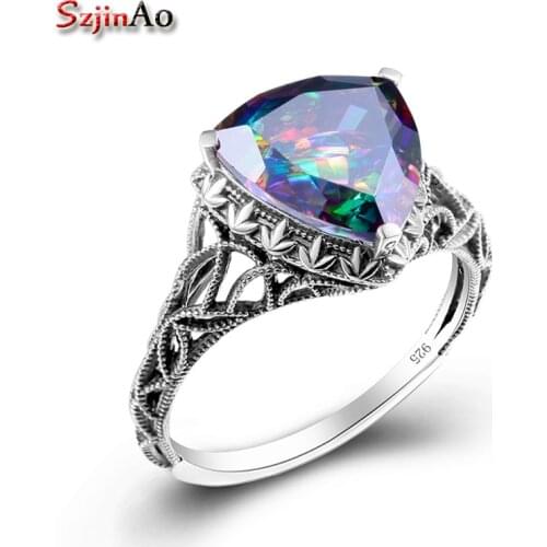 Szjinao Bestsellers Rainbow Fire Mystic Topaz Love Wedding Rings for Women Gift Retro Sterling Silver Stones Ring