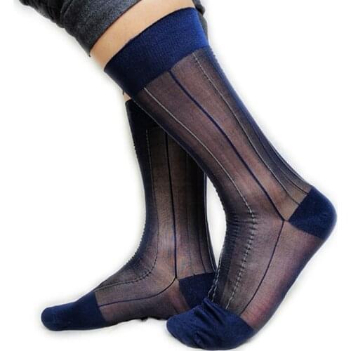 Thin Softy Business Mens Nylon Dress Socks Striped See through Formal Gay Fetish Collection Male Hose Navy Blue