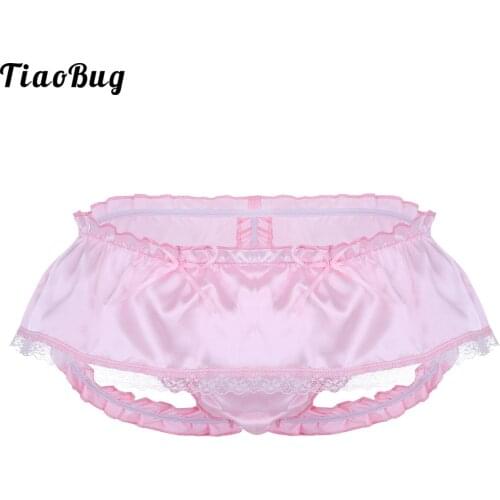TiaoBug Mens Sissy Gay Lace Briefs Lingerie Soft Shiny Satin Ruffled 3 Bum Straps Skirted Panties Underwear