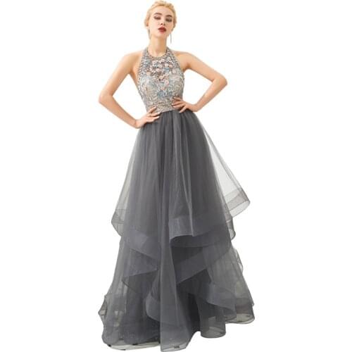 High Quality Tulle O-Neck Backless with Beading Appliques Asymmetrical Evening Dress Robe de soiree Abendkleider formal dress
