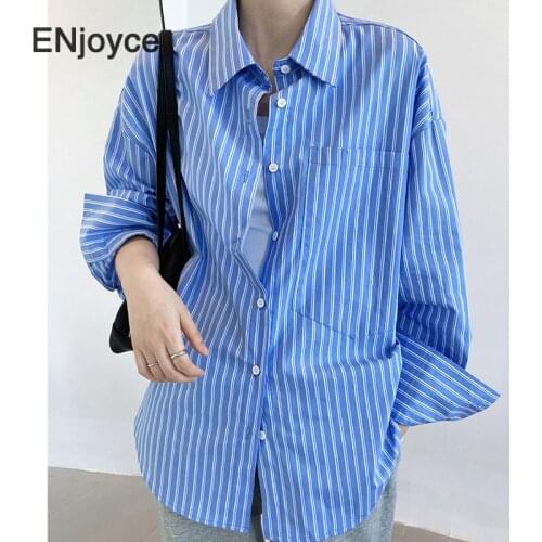 Vintage Blue Striped Shirts Women Korean Style Casual Loose Long Sleeve Shirt Ladies Work Wear Blouse Boyfriend Tops Spring Fall