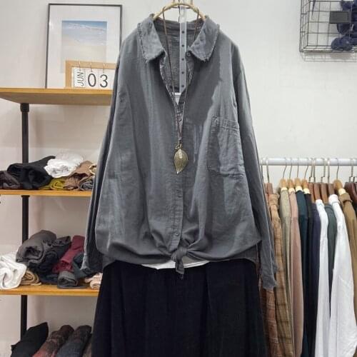 Cotton Linen Solid Women Shirts Summer Vintage Turn-Down Collar Pocket Long-Sleeved Loose Female Outwear Coats Tops