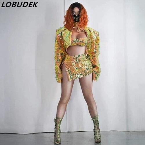 Lady Hip Hop Jazz Dance Costume Gold Mirror Short Jacket+Skirt+Bra 3 Piece Set Sexy Nightclub DJ Singer Shiny Sequins Stage Wear