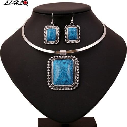 LZHLQ Vintage Silver Plated Synthetic Blue Stone Geometric Rectangle Necklaces Pendants Women Boho Choker Fashion Necklace
