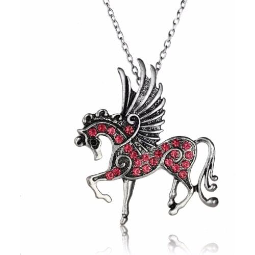 12PC/Lot Delicate Pink Crystal Rhinestone Horse Wings Pegasus Animals Pendant Necklace Women Men Girl Friends Jewelry Collar Hot