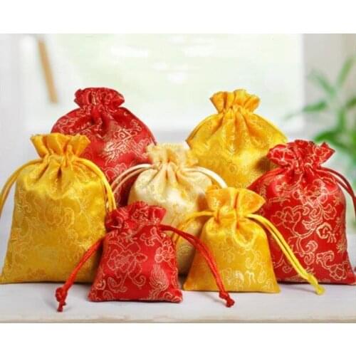 50pcs Chinese Dragon Small Christmas Wedding Party Candy Gift Bag Drawstring Silk Brocade Jewelry Pouches 3 size
