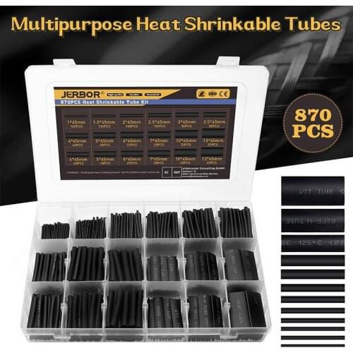 870Pcs Black Assorted Polyolefin Heat Shrinkable Tubing Hollow Tube Sleeves Wrap Wire Set Non-slip Heat Shrink Tube