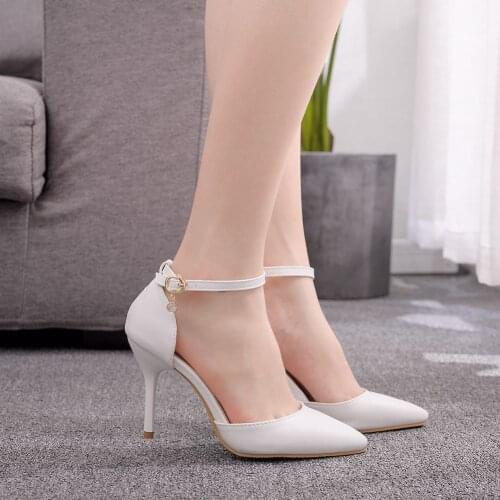 White Women Wedding Shoes Ankle Strap Bridal Dress Stiletto Sexy Pumps Sweet Party High Heels