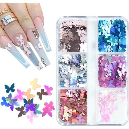 6 Grids Holographic Nail Glitter Butterfly Star Shape Sequins 3D Sparkly Flakes Paillette Manicure DIY Nail Art Decorations