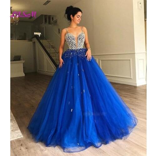 Glitter Crystal Princess Prom Dresses Spaghetti Straps Sweetheart Arabic Evening Dress Royal Blue Long Party Gowns