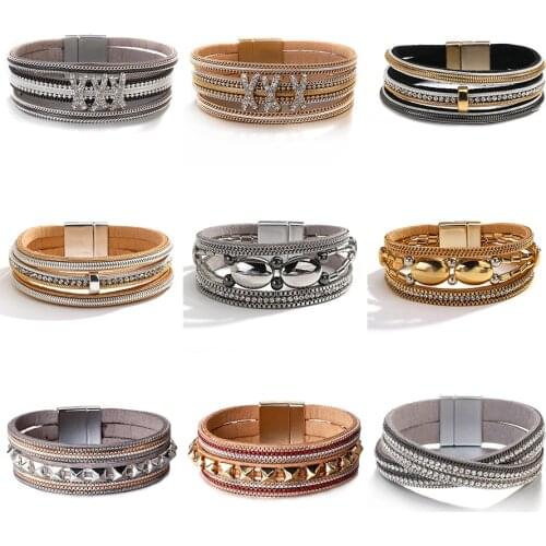 Amorcome Vintage Multiple Layers Charms Leather Bracelets for Women Men Metal Chains Studded Wrap Wrist Bracelet Bangle Jewelry