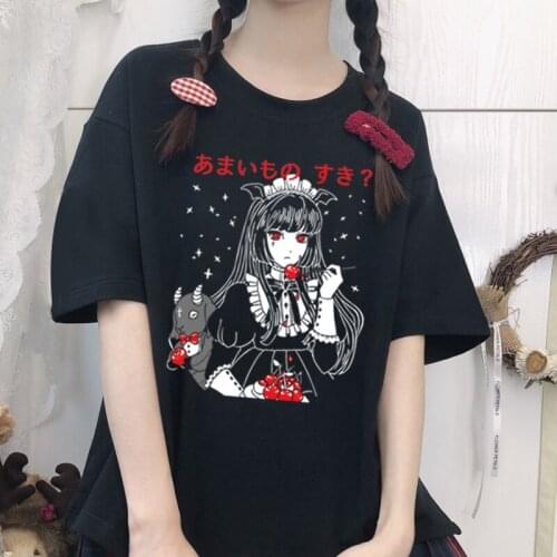 Harajuku Black Vintage Top Anime Print Women T-Shirts Short Sleeve Korean Style Y2K Dropshipping Goth Clothes Cotton Plus Size